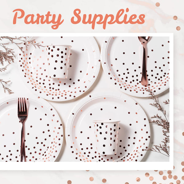 MATICAN Party Paper Plates, 50-Pack Disposable White and Rose Gold Plates, Foil Polka Dots, 9-Inch