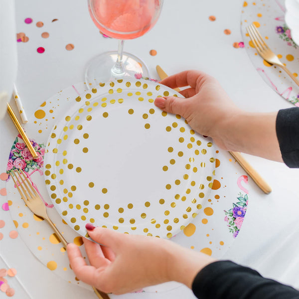 MATICAN Party Paper Plates, 50-Pack Disposable White and Gold Plates, Foil Polka Dots, 9-Inch