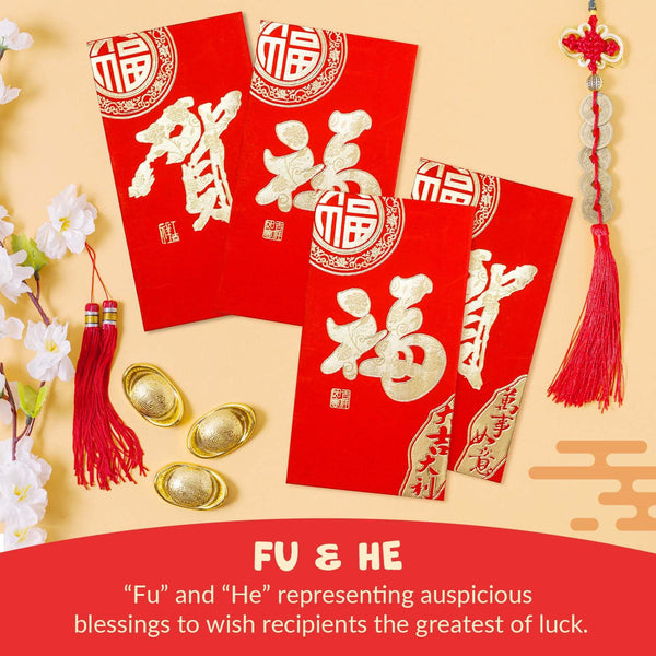 Chinese New Year Red Envelopes - 24-Count Chinese Red Packets, Hong Bao with Gold Foil Design, Gift Money Envelopes, Fu, He, 2 Designs
