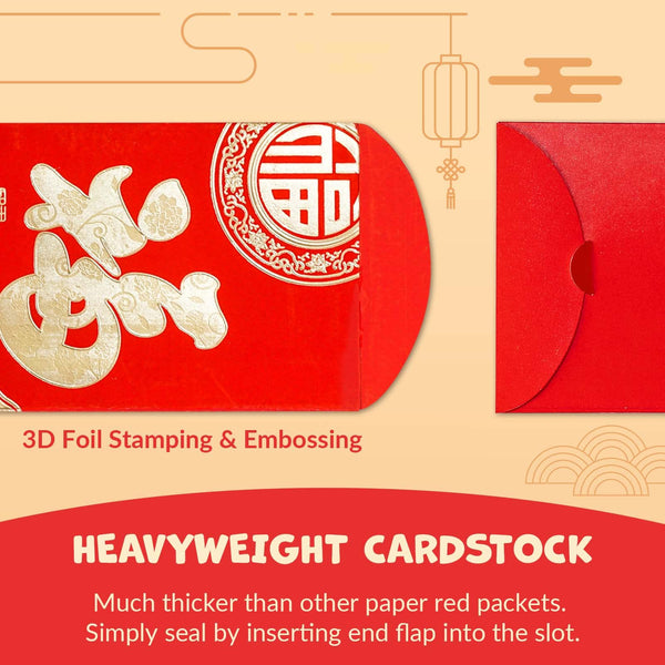 Chinese New Year Red Envelopes - 24-Count Chinese Red Packets, Hong Bao with Gold Foil Design, Gift Money Envelopes, Fu, He, 2 Designs