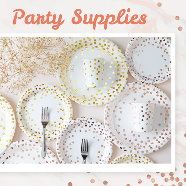 MATICAN Party Paper Plates, 50-Pack Disposable White and Rose Gold Plates, Foil Polka Dots, 9-Inch