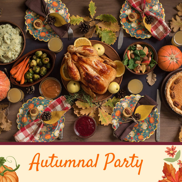 Confettiville Thanksgiving Paper Plates, 50-Count Fall-Themed Decorative Disposable Serving Plates, Teal, Gold Foil Scalloped Edge, 9 Inches