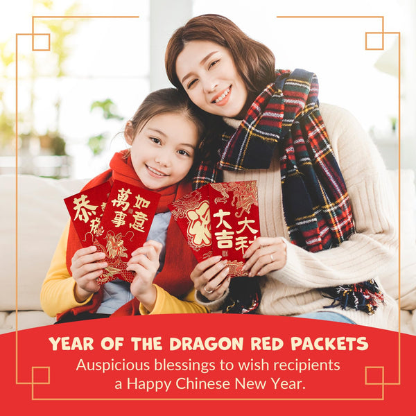 Chinese New Year Red Envelopes, 24-Count Chinese Red Packets, Hong Bao with 6 Gold Foil Dragon Designs, Gift Money Envelopes, 2024 Year of the Dragon