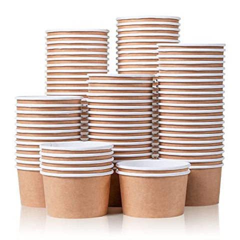 MATICAN Paper Ice Cream Cups - 100-Count 5.5-Oz Disposable Dessert Bowls for Hot or Cold Food, 5.5-Ounce Party Supplies Treat Cups for Sundae, Frozen Yogurt, Soup, Brown