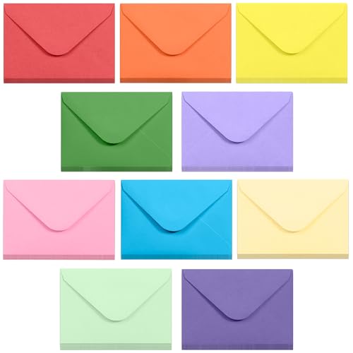 Gift Card Envelopes - Gummed 100-Count Mini Envelopes, Paper Business Card Envelopes, Bulk Tiny Envelope Pockets for Small Note Cards, 10 Colors, 4 x 2.7 Inches