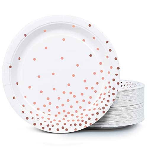 MATICAN Party Paper Plates, 100-Pack Disposable White and Rose Gold Plates, Foil Polka Dots, 9-Inch