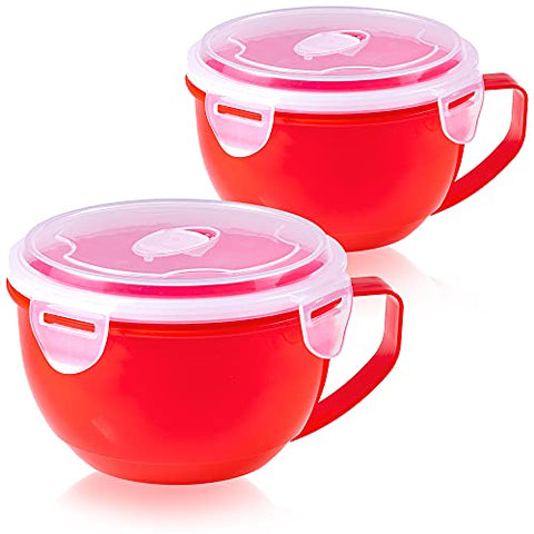 MATICAN Microwave Bowl with Lid, 2-Pack Microwave Soup Bowl with Lid, Noodle Bowl for Ramen, Soup, Beverages, 30.43 Ounces, Red