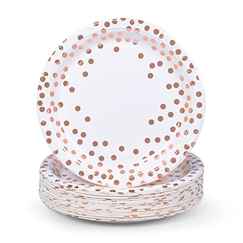 MATICAN Party Paper Plates, 50-Pack Disposable White and Rose Gold Plates, Foil Polka Dots, 9-Inch