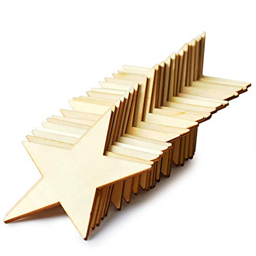 Wooden Stars for Crafting, 24-Pack Unfinished Wood Star Cutouts, 4 Inches