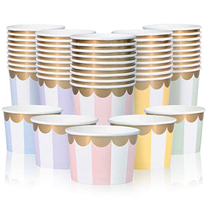 Paper Ice Cream Cups - 50-Count 9-Oz Disposable Dessert Bowls for Hot or Cold Food, 9-Ounce Party Supplies Treat Cups for Sundae, Frozen Yogurt, Soup, 5 Colors Pastel Stripes with Scalloped Gold Foil