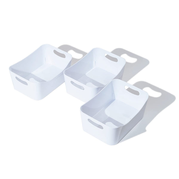Plastic Storage Bins with Handles, 3-Pack Small Pantry Storage Bins, Organizer Baskets for Kitchen, Bathroom, Bedroom, White, 9.6 x 6.6 x 4.1 Inches