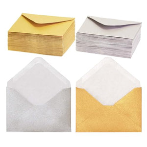 Gift Card Envelopes - 100-Count Mini Envelopes, Paper Business Card Envelopes, Bulk Tiny Envelope Pockets for Small Note Cards, Gold and Silver, 50 Each, 4 x 2.7 Inches