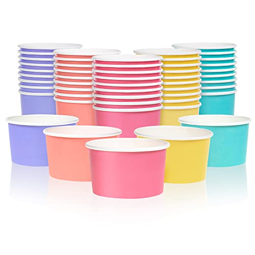 MATICAN Paper Ice Cream Cups, 50-Pack 5.5-oz Disposable Dessert Bowls for Hot and Cold, 5.5-ounce, 5 Pastel Colors