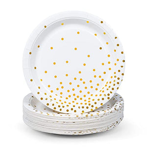 MATICAN Party Paper Plates, 50-Pack Disposable White and Gold Plates, Foil Polka Dots, 9-Inch