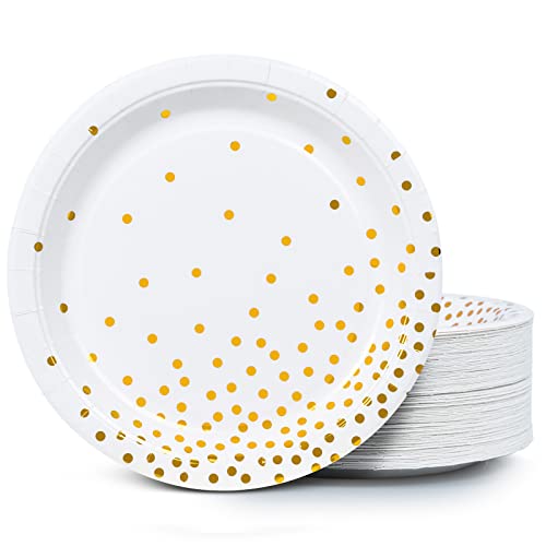 MATICAN Party Paper Plates, 100-Pack Disposable White and Gold Plates, Foil Polka Dots, 9-Inch