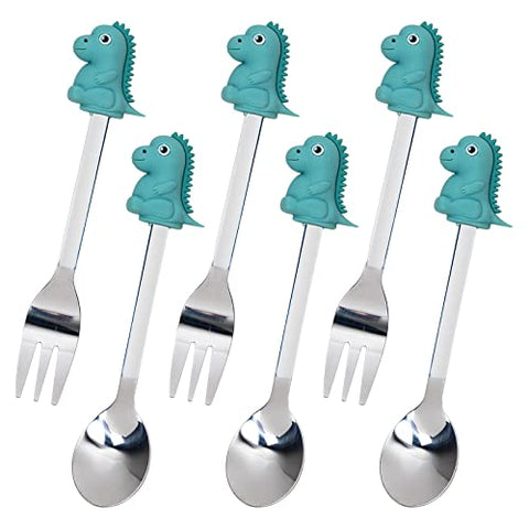 Appetizer Spoons and Forks, 6-Piece Cocktail Spoons and Forks, Dinosaur, Stainless Steel and Silicone Small Spoons and Forks for Fruits, Cheese, Appetizers