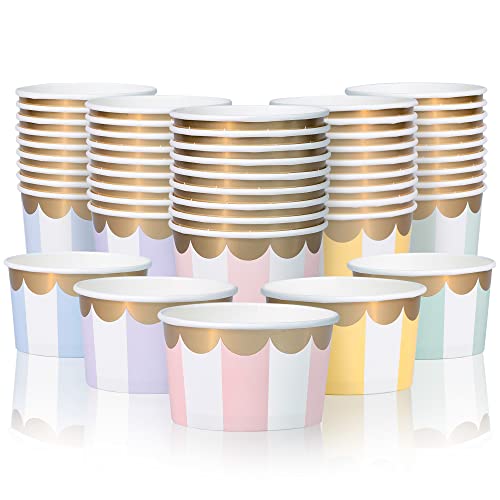 Confettiville Paper Ice Cream Cups, 50-Count 5.5-Oz Disposable Dessert Bowls for Hot or Cold Food, 5.5-Ounce Party Supplies Treat Cups, 5 Colors Pastel Stripes with Scalloped Gold Foil