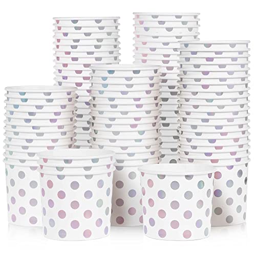 MATICAN Paper Ice Cream Cups, 100-Count 11-Oz Disposable Dessert Bowls for Hot or Cold Food, 11-Ounce Party Supplies Treat Cups for Sundae, Frozen Yogurt, Soup, Silver Foil Polka Dots