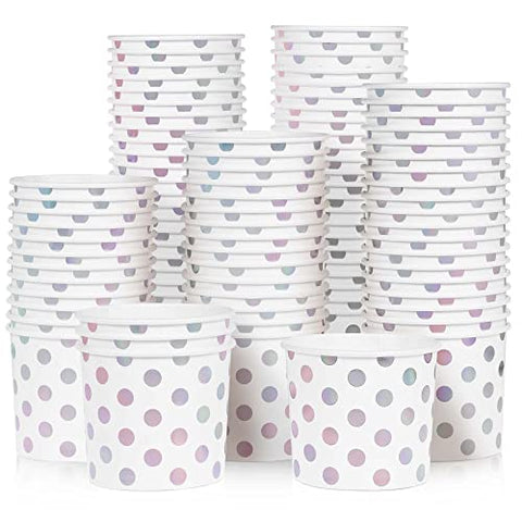 MATICAN Paper Ice Cream Cups, 100-Count 11-Oz Disposable Dessert Bowls for Hot or Cold Food, 11-Ounce Party Supplies Treat Cups for Sundae, Frozen Yogurt, Soup, Silver Foil Polka Dots