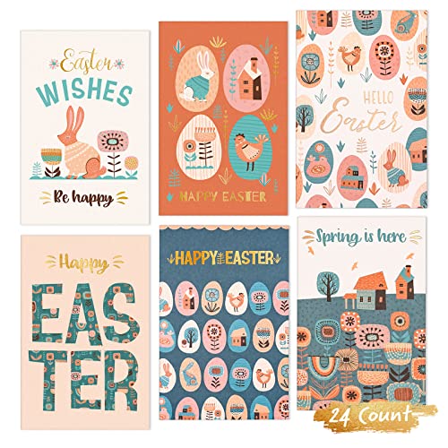 Prims & Flourish Easter Cards Pack, 24-Count Easter Greeting Cards Assortment, 6 Designs, Gold Foil 4 x 6 Inches, Blank Inside, Bulk Happy Easter Cards for Kids
