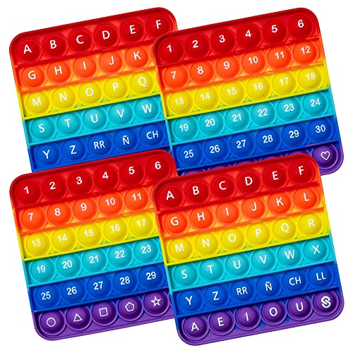 Push Pop Bubble Fidget Sensory Toy, 4-Pack, Square, 5 x 5 Inches, Rainbow, Numbers and Spanish Alphabets, Party Favors