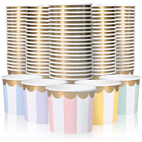 Confettiville Paper Ice Cream Cups, 100-Count 11-Oz Disposable Dessert Bowls for Hot or Cold Food, 11-Ounce Party Supplies Treat Cups, 5 Colors Pastel Stripes with Scalloped Gold Foil