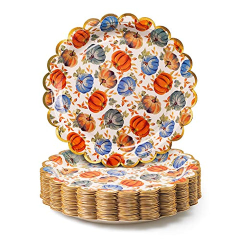 Confettiville Thanksgiving Paper Plates, 50-Count Fall-Themed Decorative Disposable Serving Plates, Pale Apricot, Gold Foil Scalloped Edge, 9 Inches