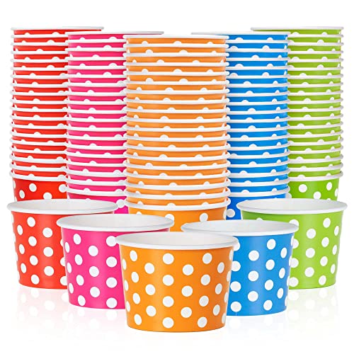 MATICAN Paper Ice Cream Cups - 100-Count 4-Oz Disposable Dessert Bowls for Hot or Cold Food, 4-Ounce Party Supplies Treat Cups for Sundae, Frozen Yogurt, Soup, 5 Colors, Polka Dots