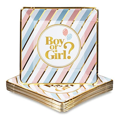 Confettiville Gender Reveal Plates, 50-Pack, Boy or Girl Disposable Square Party Paper Plates, Blue and Pink, Metallic Gold Details, Party Supplies
