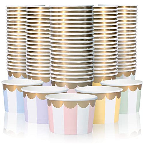 Paper Ice Cream Cups - 100-Count 9-Oz Disposable Dessert Bowls for Hot or Cold Food, 9-Ounce Party Supplies Treat Cups for Sundae, Frozen Yogurt, Soup, 5 Colors Pastel Stripes with Scalloped Gold Foil