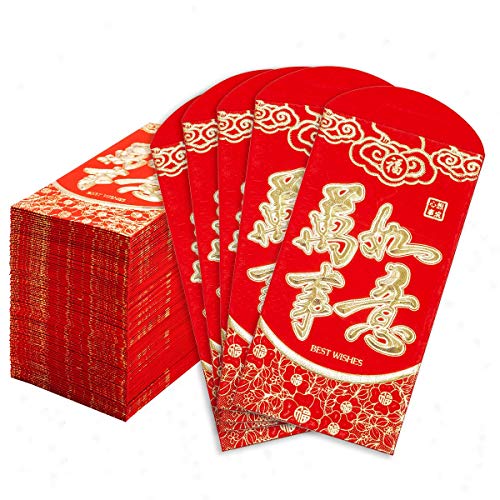 Chinese New Year Red Envelopes - 100-Count Chinese Red Packets, Hong Bao with Gold Foil Design, Gift Money Envelopes, Wan Shi Ru Yi, 3.5 x 6.4 Inches