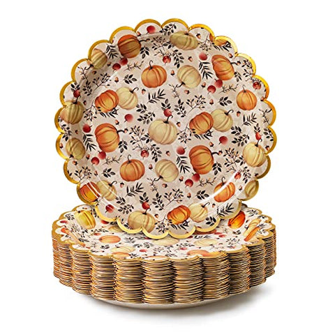 Confettiville Thanksgiving Paper Plates, 50-Count Fall-Themed Decorative Disposable Serving Plates, Cream, Gold Foil Scalloped Edge, 9 Inches