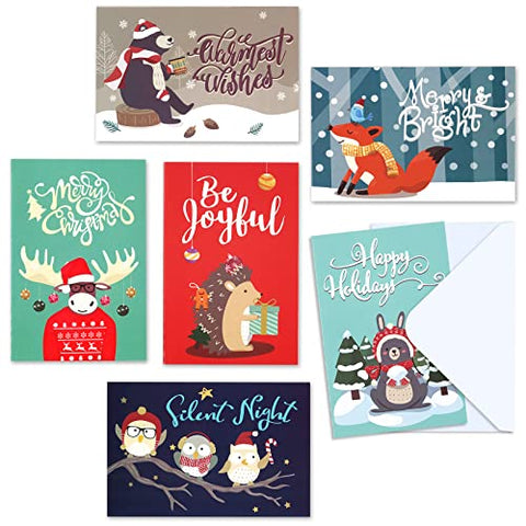 MATICAN Christmas Cards with Envelopes, 24-Count Christmas Cards Boxed, 6 Woodland Animal Designs, 4 x 6 Inches, Blank Inside Christmas Cards Bulk, Holiday Xmas Greeting Cards