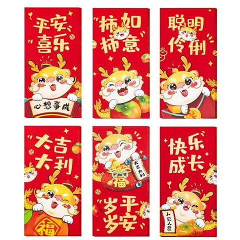 Chinese New Year Red Envelopes, 30-Count Chinese Red Packets, Hong Bao with 6 Rabbit Designs, Gift Money Envelopes, 2023 Year of the Rabbit