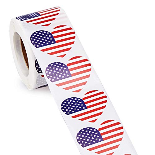 American Flag Stickers, 500-Count USA Flag Stickers, Patriotic Label Roll, Heart Shaped, 1.25 x 2.125 Inches