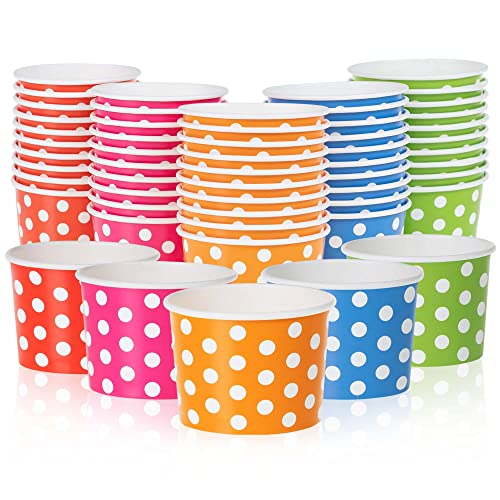 MATICAN Paper Ice Cream Cups - 50-Count 9-Oz Disposable Dessert Bowls for Hot or Cold Food, 9-Ounce Party Supplies Treat Cups for Sundae, Frozen Yogurt, Soup, 5 Colors, Polka Dots