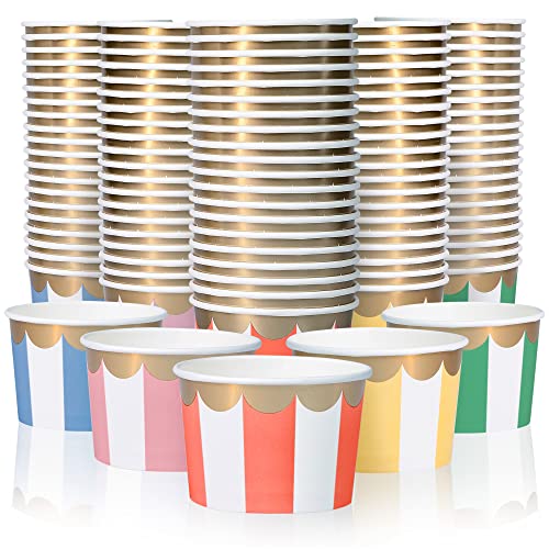 Paper Ice Cream Cups - 100-Count 9-Oz Disposable Dessert Bowls for Hot or Cold Food, 9-Ounce Party Supplies Treat Cups for Sundae, Frozen Yogurt, Soup, 5 Colors Stripes with Scalloped Gold Foil
