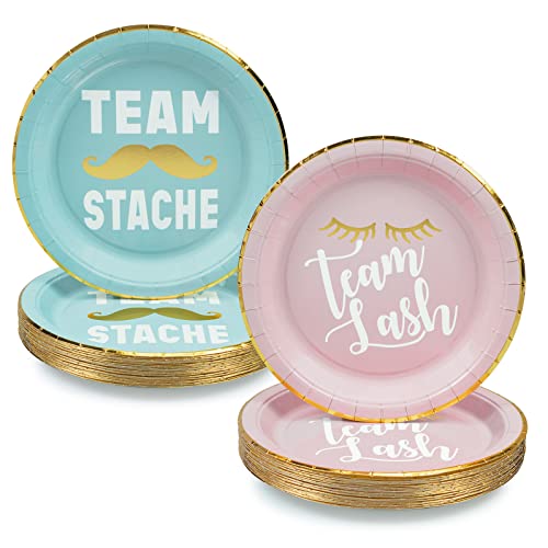 Confettiville Gender Reveal Plates, 50-Pack, Team Stache, Team Lash Disposable Party Paper Plates, 25 of Each, Blue and Pink, Metallic Gold Details, Party Supplies
