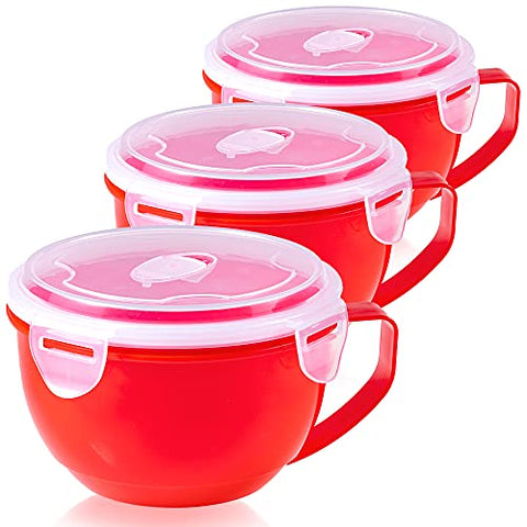 MATICAN Microwave Bowl with Lid, 3-Pack Microwave Soup Bowl with Lid, Noodle Bowl for Ramen, Soup, Beverages, 30.43 Ounces, Red
