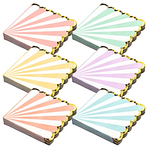 Party Paper Napkins, Pastel Scalloped Edge with Gold Foil Luncheon Napkins, 6 Colors, 3-Ply, 100-Sheets, 6.5 x 6.5 Inches