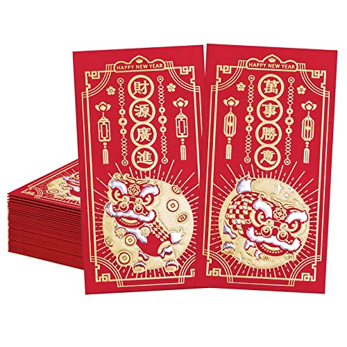 Chinese New Year Red Envelopes, 36-Count Chinese Red Packets, Hong Bao with 2 Gold Foil Designs, Gift Money Envelopes, Lion Dance