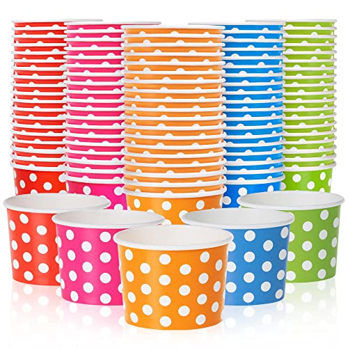 MATICAN Paper Ice Cream Cups - 100-Count 9-Oz Disposable Dessert Bowls for Hot or Cold Food, 9-Ounce Party Supplies Treat Cups for Sundae, Frozen Yogurt, Soup, 5 Colors, Polka Dots