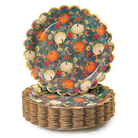 Confettiville Thanksgiving Paper Plates, 50-Count Fall-Themed Decorative Disposable Serving Plates, Teal, Gold Foil Scalloped Edge, 9 Inches