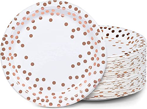 MATICAN Party Paper Plates, 100-Pack Disposable White and Rose Gold Plates, Foil Polka Dots, 9-Inch