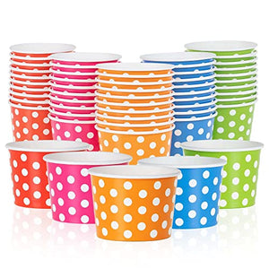 MATICAN Paper Ice Cream Cups - 50-Count 4-Oz Disposable Dessert Bowls for Hot or Cold Food, 4-Ounce Party Supplies Treat Cups for Sundae, Frozen Yogurt, Soup, 5 Colors, Polka Dots