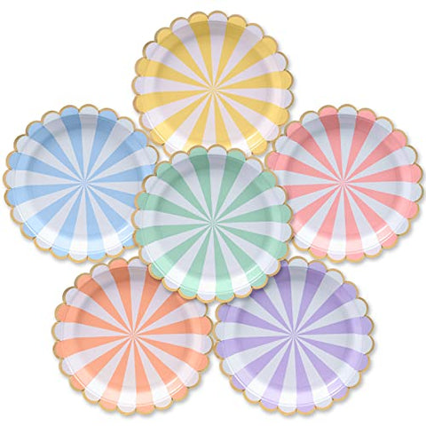 Confettiville Party Paper Plates, 50-Pack, Disposable Paper Plates, Gold Foil Scalloped Edge, Striped Pastel, 6 Colors, 9-Inch