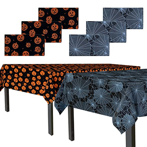 Confettiville Halloween Tablecloth, 6-Pack Disposable Halloween Table Cloths, Pumpkins and Spider Web Plastic Table Covers, 54 x 108 Inches, Halloween Party Decorations