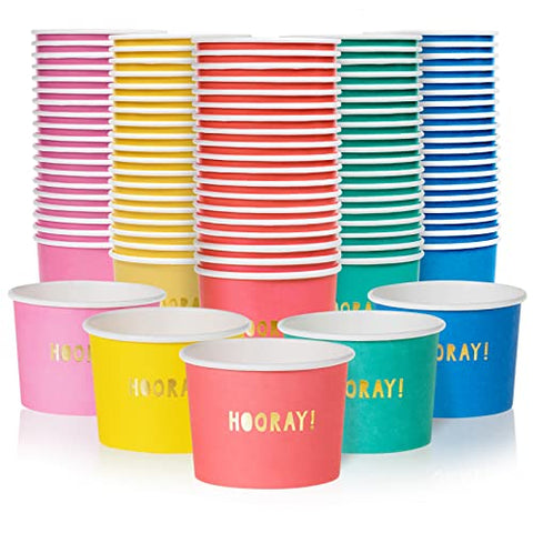 MATICAN Paper Ice Cream Cups, 100-Pack 9-oz Disposable Dessert Bowls for Hot and Cold, 9-ounce, Gold Foil Hooray, Hot Pink, Baby Pink, Mint, Yellow, Blue