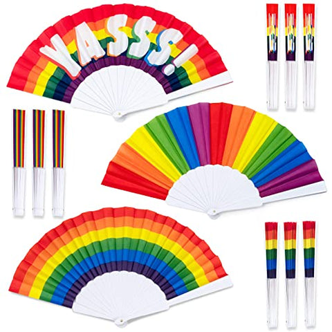 Rainbow Fans, 12-Pack Folding Fans for Pride, Rainbow LGBTQ Portable Folding Fans, Folding Hand Fans Party Decorations, 3 Designs
