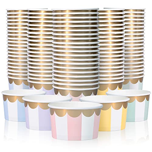Confettiville Paper Ice Cream Cups, 100-Count 5.5-Oz Disposable Dessert Bowls for Hot or Cold Food, 5.5-Ounce Party Supplies Treat Cups, 5 Colors Pastel Stripes with Scalloped Gold Foil